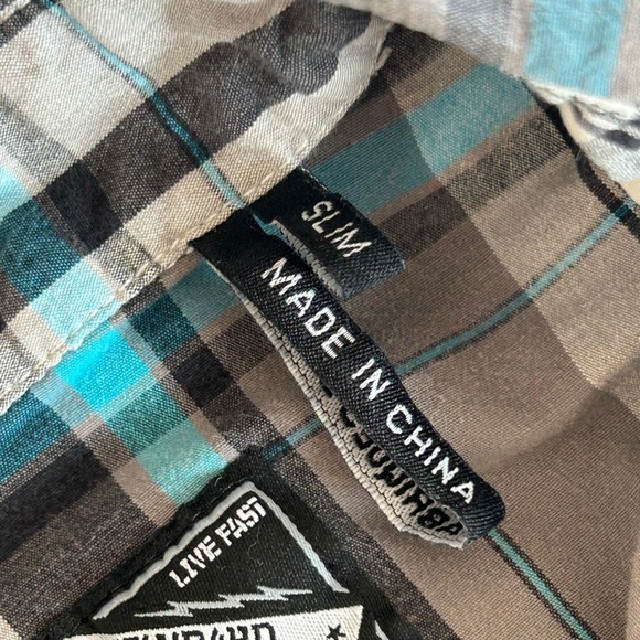 AFFLICTION VTG Y2K Mens Blue Plaid Embroidered Long Sleeve Slim Fit Shirt Size M - Picture 9 of 13